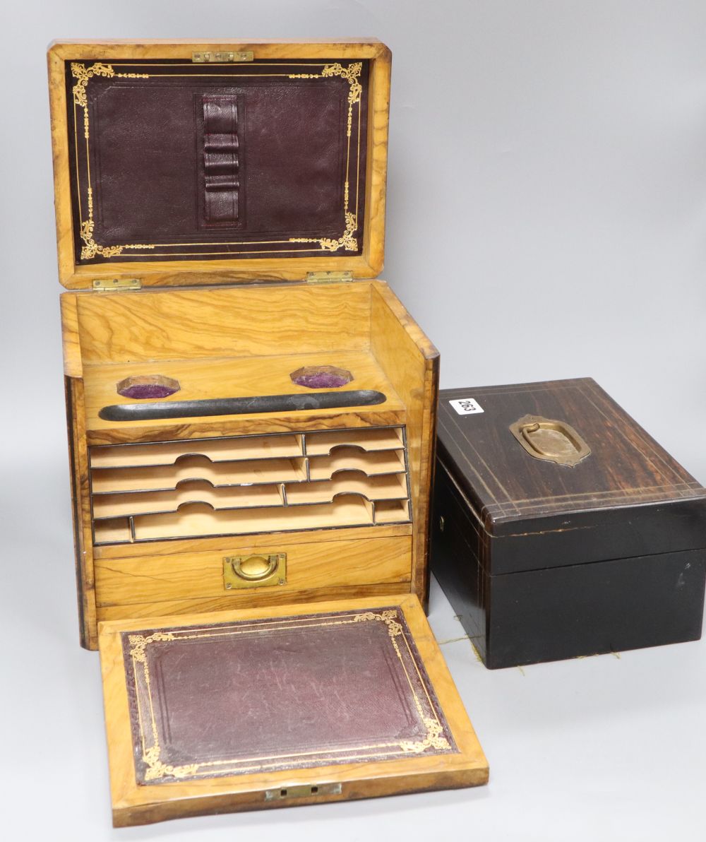 A 19th century stationery box, 27 x 27cm and a brass bound jewellery box